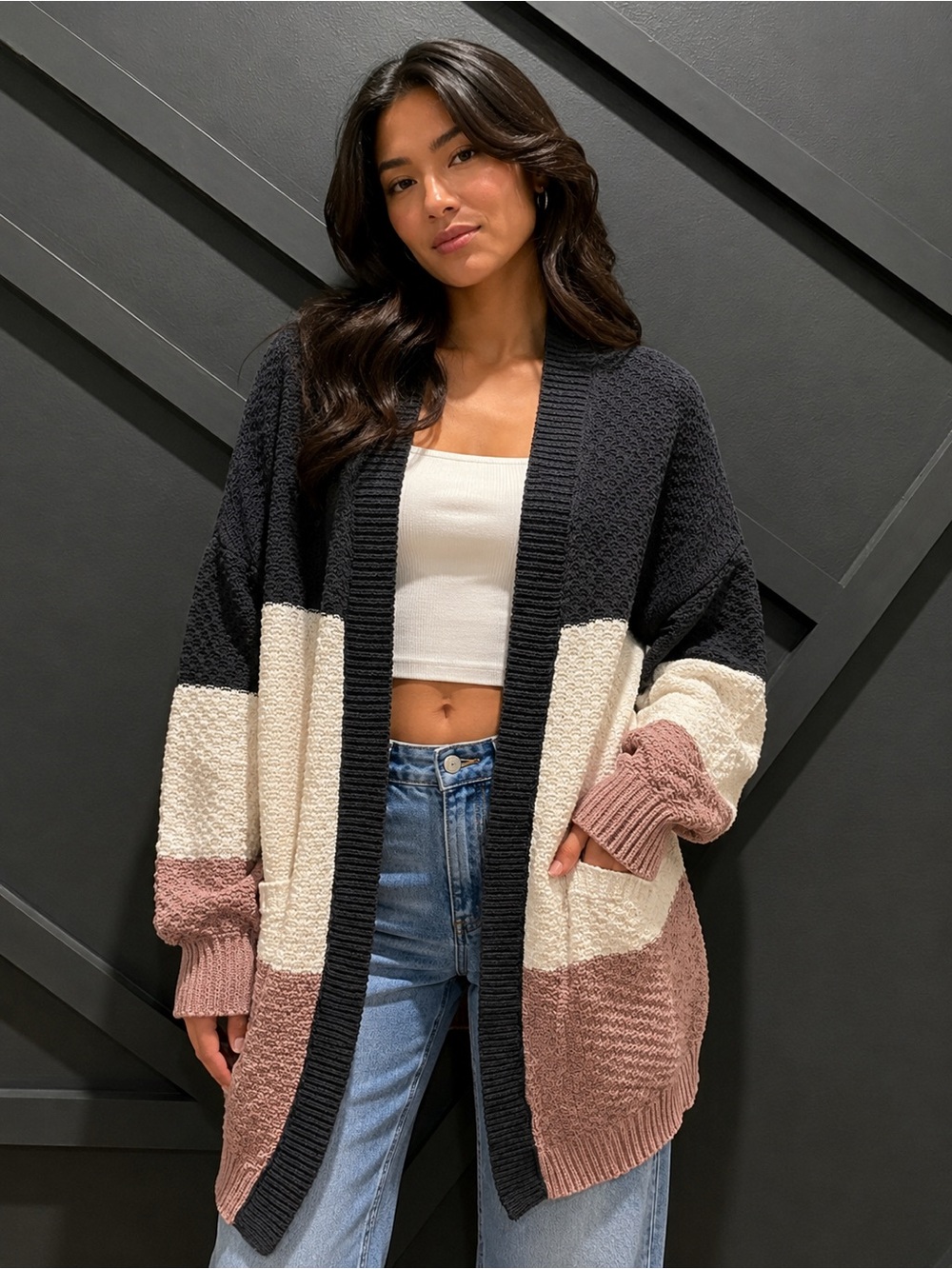Gilli Colorblock Open-Front Oversized Cardigan - Black, Cream & Dusty Rose